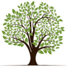 Logo of a green life tree with roots and leaves. Vector illustration icon isolated on white background.